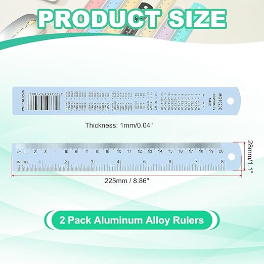 PATIKIL 20cm/8" Metal Ruler, 2 Pack Aluminum Alloy Rulers with Centimeters, Millimeters, Inches and Conversion Table Straight Edge Ruler for Writing Machinist Drafting, Blue