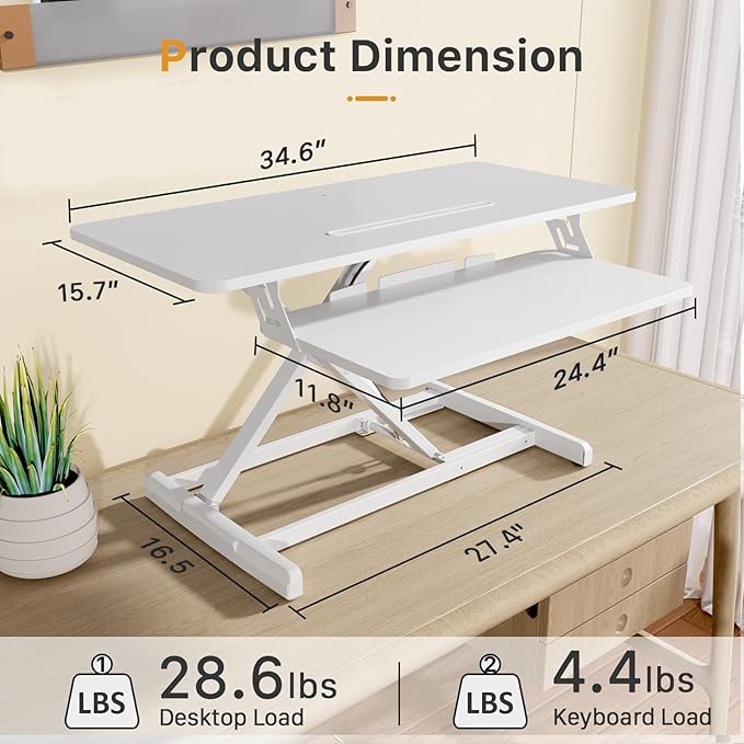 JOY worker Standing Desk Converter, 35" Wide Height Adjustable Sit Stand Up Desk Riser with Keyboard Tray, Desktop Workstation Riser for Home Office Computer Laptop, Particle Board, White