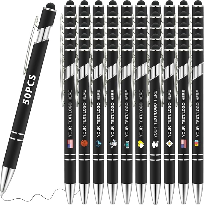 Personalized Pens 50pcs with Stylus Custom Ballpoint Pens in Bulk Engraved with Logo Text Personalized Bulk Black Ink for Office College Business