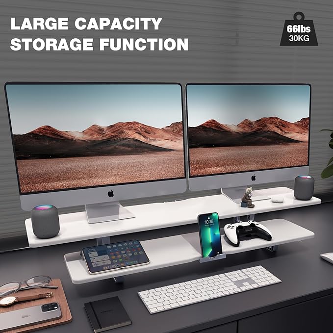 Dual Monitor Stand, 2-Tier Wood Monitor Riser with Storage Organizer and Cable Management, White