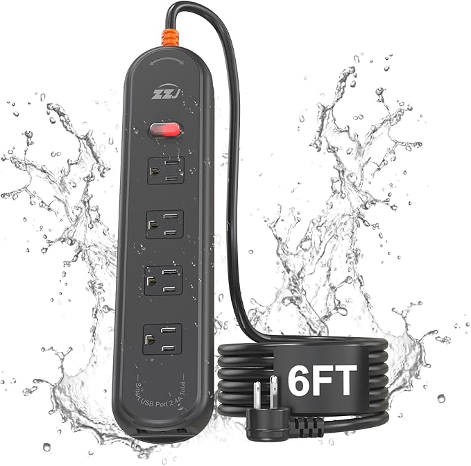 Outdoor Power Strip Weatherproof, 7-in-1 Surge Protector with 4 Wide Outlets 2USB A and 1USB C,1875W/15A, 6FT Flat Plug Multi-Plug Outdoor Extension Cord Waterproof for Indoor Outdoor, UL FCC Listed