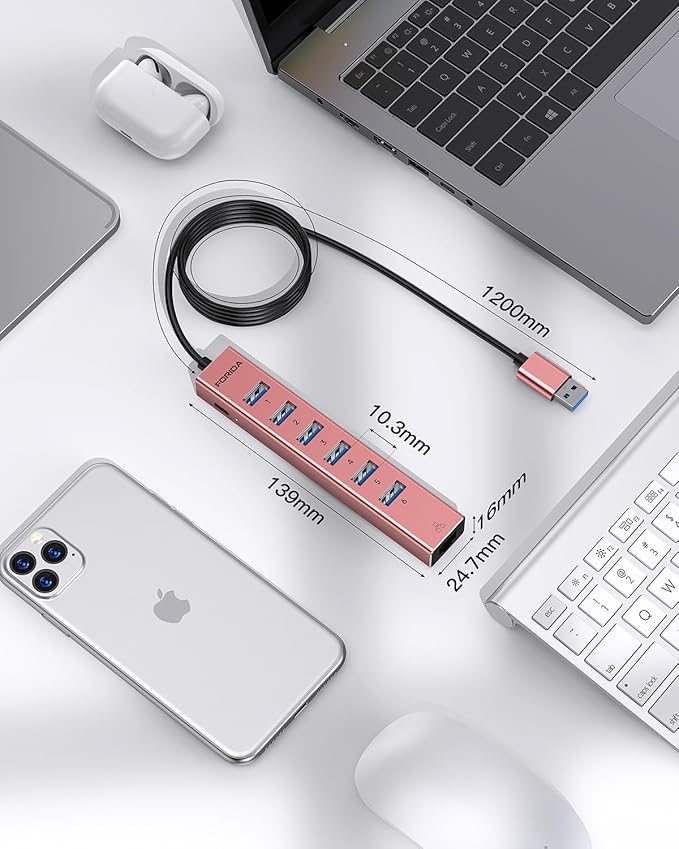 Aluminum USB 3.0 Adapter USB to Ethernet HUB with 120CM Long Cable for Laptop USB Extender with Gigabit Ethernet Port and 5V/3A Power Port 7 Ports USB Hub for iMac PC Flash Drives (Rose Gold)
