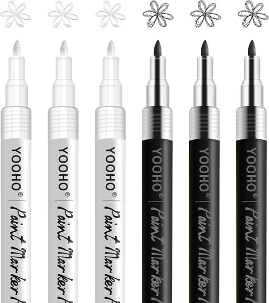 Paint Pen White Black Acrylic Marker Set for Rock Wooden Tire Metal Leather Glass Painting, 0.7mm Fine Point Quick Drying (3pcs Black +3pcs White)