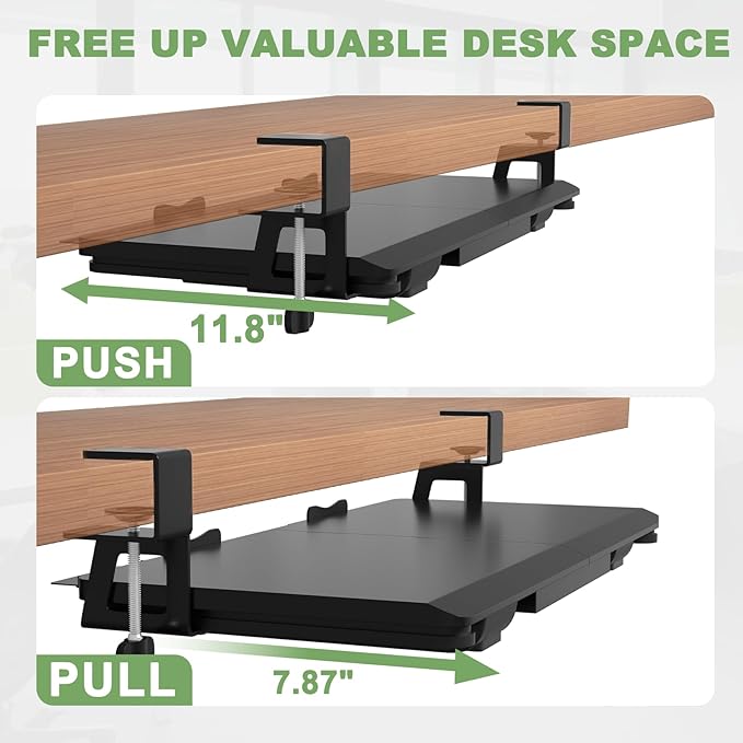 Keyboard Tray Under Desk Slide Out with Drawer, 27"x 11.8" Large Size, Pull Out Desktop Extender Holder with Sturdy C-Clamp Mount for Home Office, Black