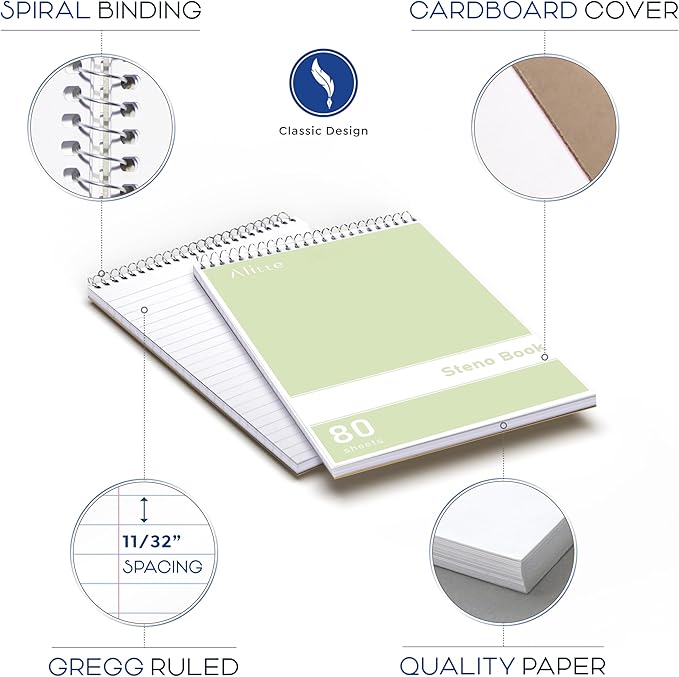 Steno Pads Spiral 6x9-12 Pack Pastel Colors - Perfect for Work, School, and Home Use, Easy Tear-Off Pages, Gregg ruled, White Paper - No Ink Bleeds - 80 Sheets