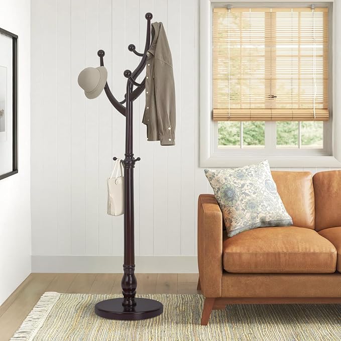 Coat Rack Tree Freestanding with Hooks, Heavy Duty Standing Wood Coat Rack with Solid Round Base, 74” Tree Shaped Coat Hanger Stand for Clothes, Hat, Jacket, Entryway Bedroom, Red Brown