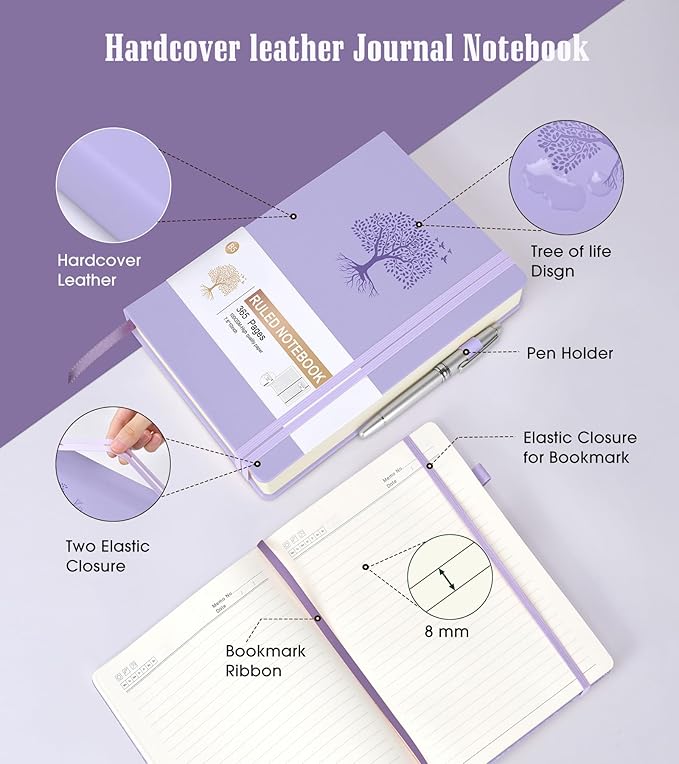 Lined Journal Notebook, 365 Pages B5 Large Journals for Writing Ruled Notebook, Hardcover Leather Journal for Women Men, Daily Notebook for Work, Note Taking, 100Gsm Thick Paper(7.6'' X 10'' Purple)
