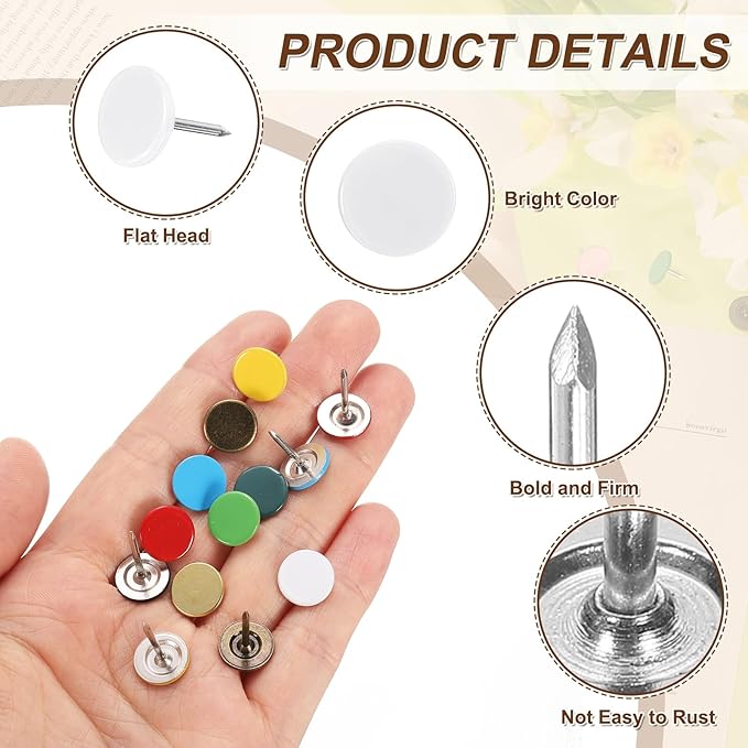 uxcell 120Pcs Push Pins, 11mmx10mm Round Flat Head Decorative Thumb Tacks Upholstery Tacks for Cork Board Office Wall Hangings, White