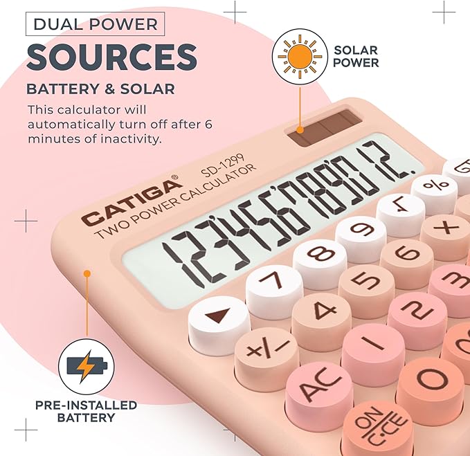 CATIGA Mechanical Switch Calculator with Solar and Battery Dual Power, 12-Digit Large LCD Display, Aesthetic and Cute Desktop Calculator with Big Button, for Home, School and Office Use, SD-1299