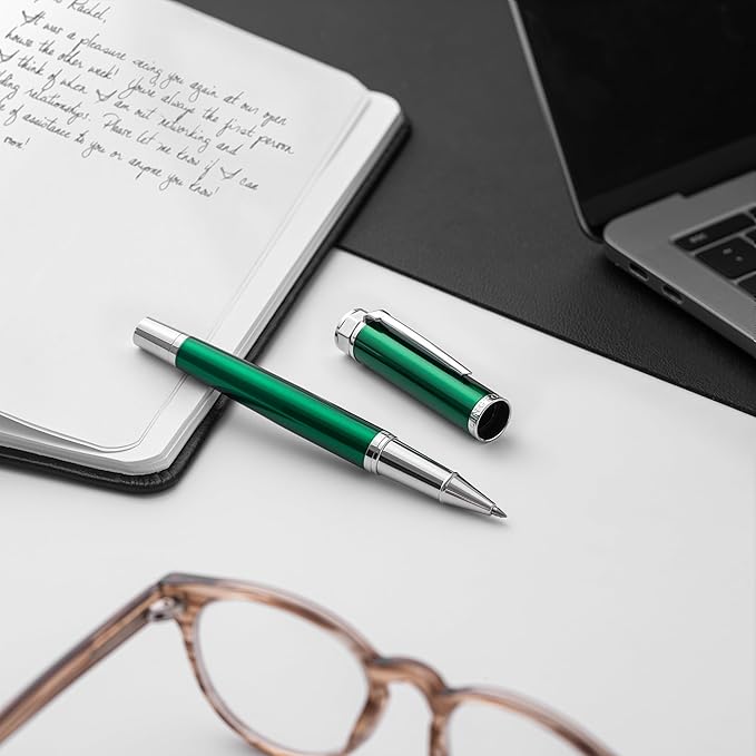 Luxury Rollerball Pen Set - Smooth Writing, Elegant Design, Quick-Drying, Refillable Liquid Ink, 2 Refills (Black, Blue), Ideal for Professionals, Students