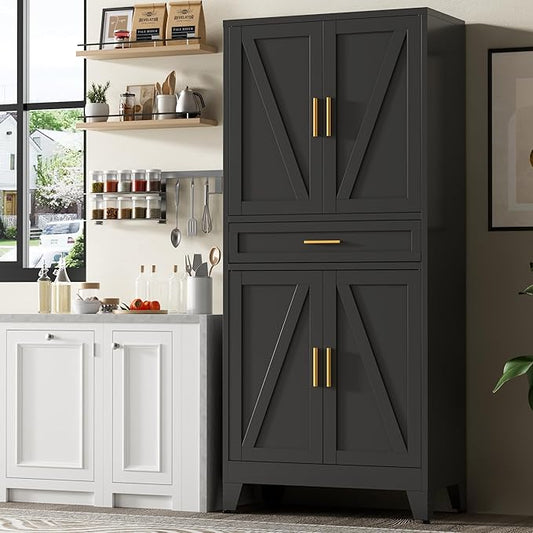 71" Tall Metal Storage Cabinet with Drawer and Adjustable Shelves,Farmhouse Kitchen Pantry Storage Cabinet with Doors,Large Wide Cabinets for Craft Room,Office,Dining Room,Bathroom(Black)