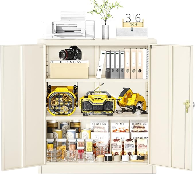 Greenvelly Metal Garage Storage Cabinet, Lockable Metal Cabinets with 2 Doors and Shelves,36”Steel Storage Locking Counter Cabinet for Office,Garage,Kitchen,Home,School(Grey)