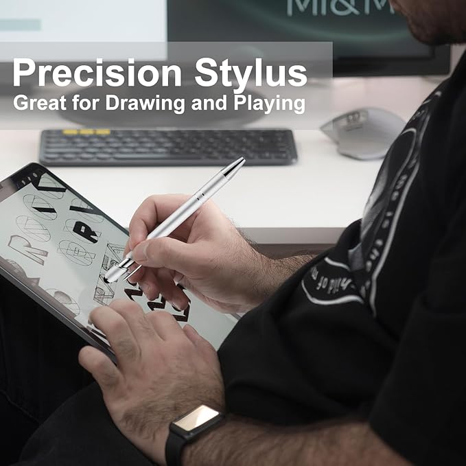 LINFANC 12 Pack Silver Ballpoint Pen with Stylus Tip, 1.0 mm Black Ink Smooth Writing Pens, Metal Stylus Pens for Touch Screens