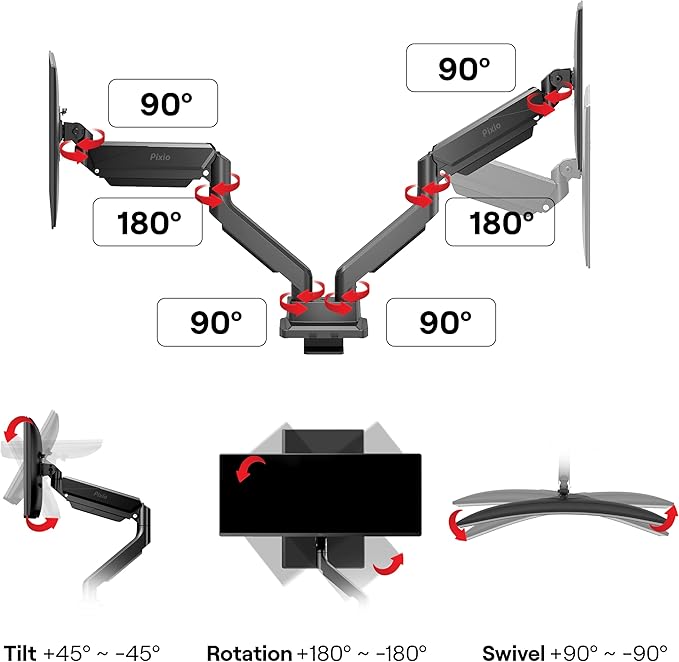 Pixio PS2D Ultrawide Heavy-Duty Premium Dual Monitor Arm Stand Desk Mount - Fits up to 35 inches Two Monitors, Weights up to 33 lbs Each, Height Adjustable, Compatible with VESA 75x75mm 100x100mm