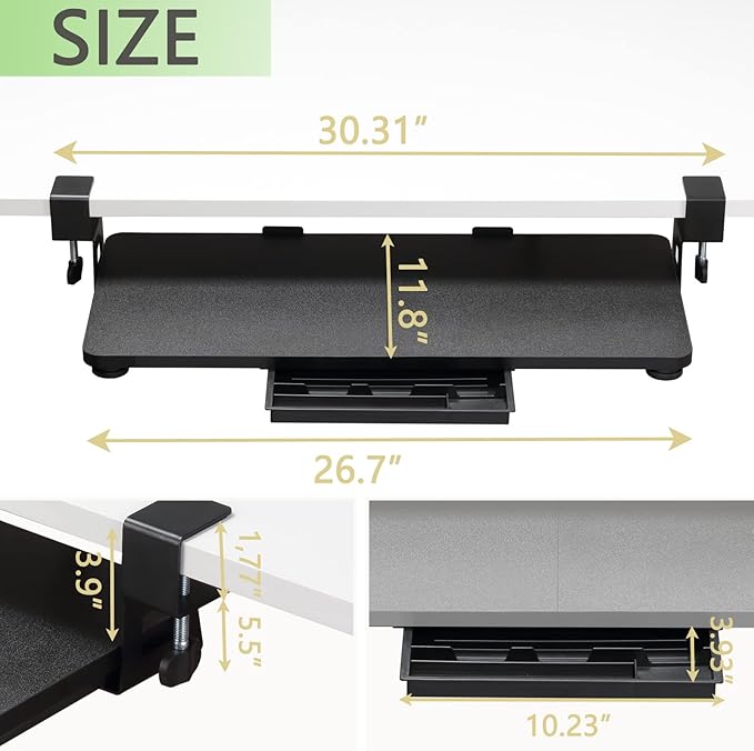 ETHU Keyboard Tray Under Desk, 26.77" X 11.81" Large Size Keyboard Tray with C Clamp-on Mount Easy to Install, Computer Keyboard Stand, Ergonomic Keyboard Tray for Home and Office (Black)