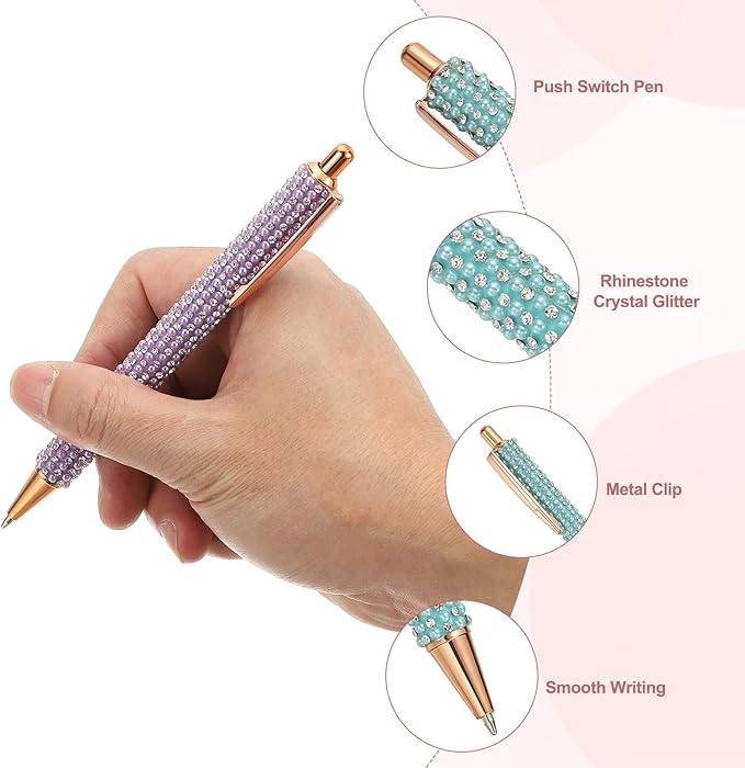 PATIKIL Rhinestone Metal Ballpoint Pen, 4 Pack Crystal Pearl Pens Black Ink 1.0mm Point Sparkly for Women Gift Office Note Taking Journaling, Blue
