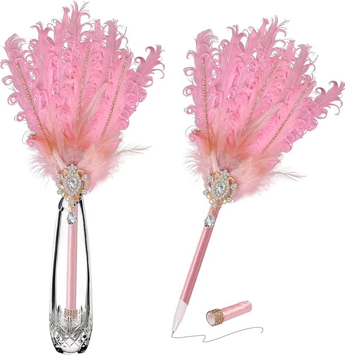 CROWN GUIDE Luxury Feather Quill Pen with Shiny Rhinestones & Curled Goose Feathers- Wedding Guest Book Pen, Great Gatsby/HP Party Supplies, Bridal Shower Gift with Rose Gold Heart Charm (13.8",White)