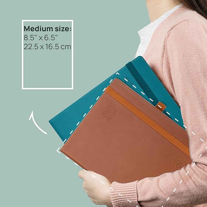 POPRUN Planner 2025-2026 (Medium - 6.5'' x 8.5'') Academic Weekly Calendar (July 2025 - June 2026) with Hourly Time Slots, Monthly Tabs, 100GSM Thick Papers, Leather Soft Cover - Pacific Green