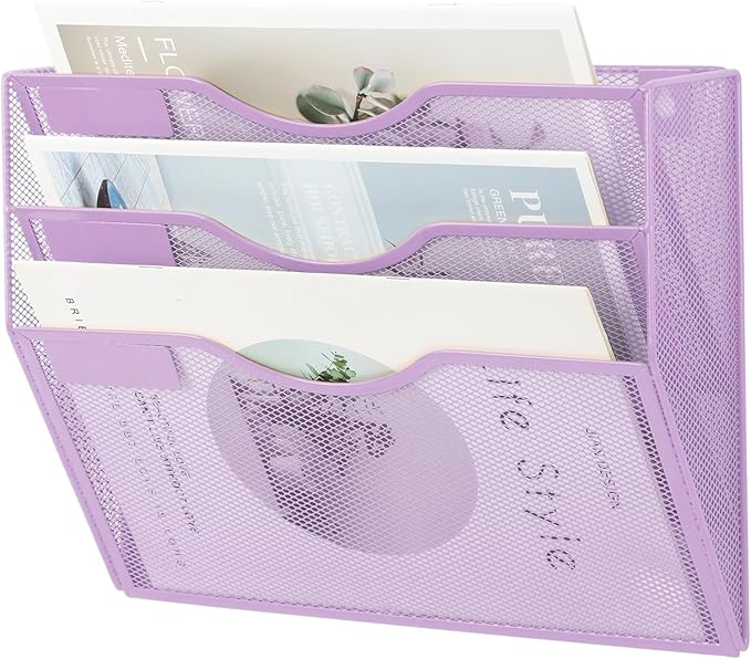 EASEPRES 3 Pocket Mesh Hanging Wall File Organizer, Wall Mounted Mail Paper Document Folder Holder, Clipboard Storage Organization Magazine Rack with Nametag Label for Office Home School, Light Purple