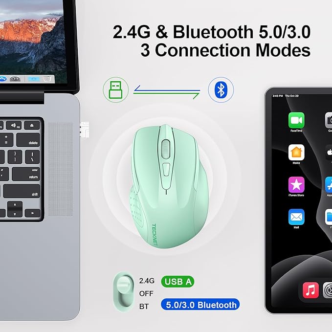 TECKNET Wireless Mouse (BT5.0/3.0 & 2.4G) Rechargeable 4800 DPI Silent USB A & Bluetooth Mouse 6 Buttons, Wide Compatibility - Green