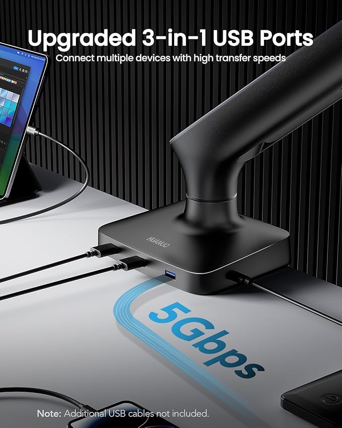 Single Monitor Mount for 13-40 Inch Screens up to 24 lbs, Ergonomic Adjustable Monitor Arm with Built-in USB 3.0 Hub, Space-Saving VESA Desk Mount for Home Office & Gaming, C-Clamp & Grommet Base