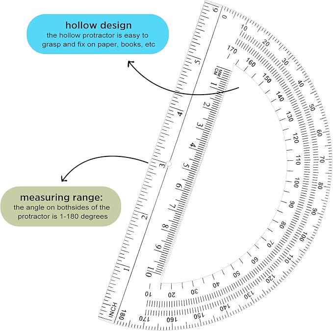 Zonon 200 Pieces Plastic Protractors Bulk Classroom Clear Math Protractors 180 Degrees 6 Inch for Geometry Student, Angle Measurement, Students Back to School Supplies Office Supplies
