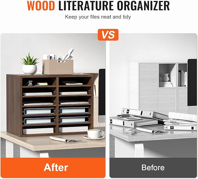 VEVOR Literature Organizers, 12 Compartments Office Mailbox with Adjustable Shelves, Wood Literature Sorter 20.4x12x16.1 inches for Office, Home, Classroom, Mailrooms Organization, EPA Certified Brown