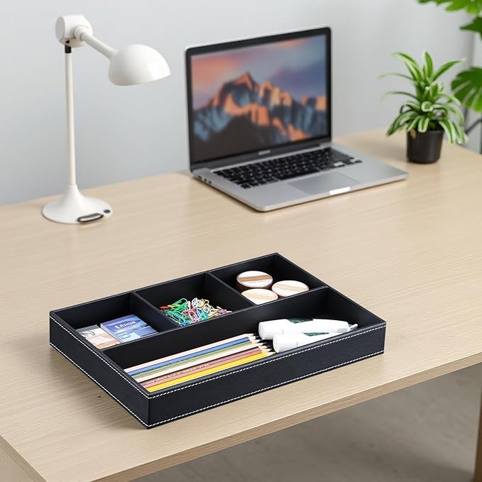 KINGFOM Pu Leather Desk Organizer Tray, 4 Compartment Office Storage Supplies Stationery Drawer Tray, Nightstand Bedside Tray for Key, Wallet, Sunglass, Watch, Coin, Phone Valet Tray Stackable Black