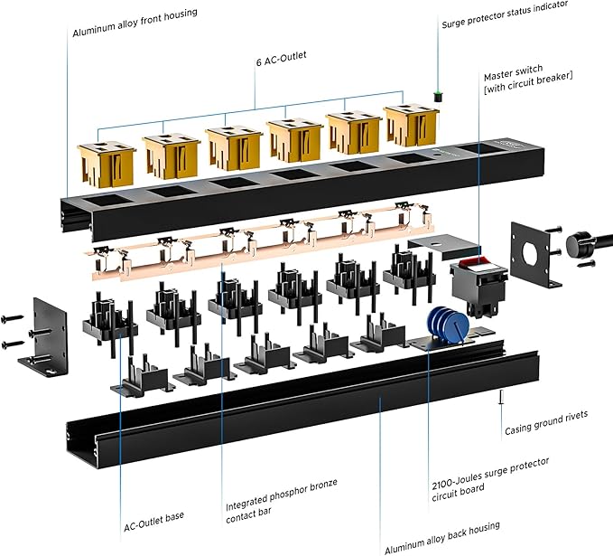 CRST 2Pack 6 Outlet Surge Protector Power Strip 2100J with Switch, 15A/1875W Heavy Duty Mountable Power Strip, Wide Spaced Power Bar for Garage Worshop Home School, 6 FT Cord（ Black+Yellow）
