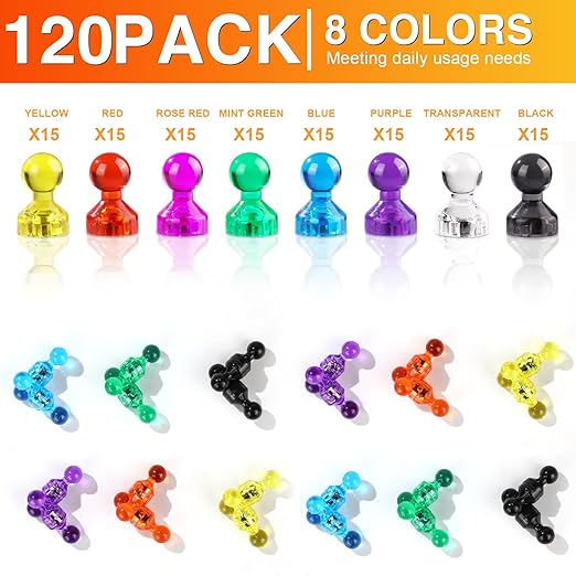 MIKEDE Refrigerator Magnets - 8 Colors Neodymium Fridge Magnets for Adults, Colorful and Practical Small Magnets for Whiteboard, Strong Push Pins for Office, Map - 120 Pack