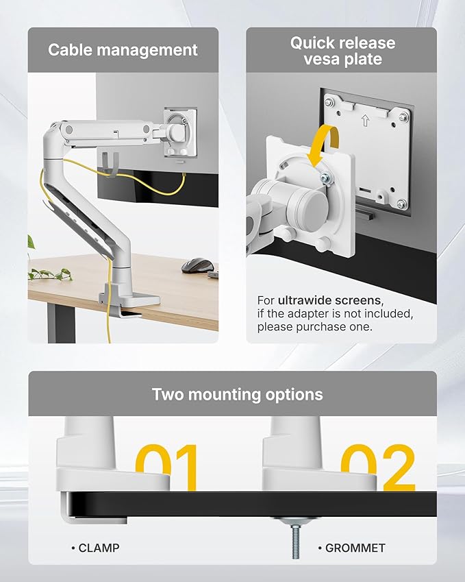 monTEK Single Monitor Arm with USB A/C, Ultrawide Monitor Stand for 17 to 57 Inch Curved Screen, Holds 59.4 lbs, Adjustable Gas Spring Arm, 75/100 VESA Mount, Clamp & Grommet Desk Mount, White