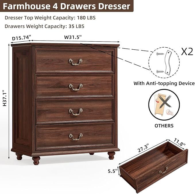 Farmhouse 4 Drawer Dresser Set of 2 for Bedroom, 37" Tall Rustic Chests of Drawers w/ 4 Solid Wood Feet, Mid Century Vintage Wooden Closet Storage Dressers Organizer for Living Room, Brown