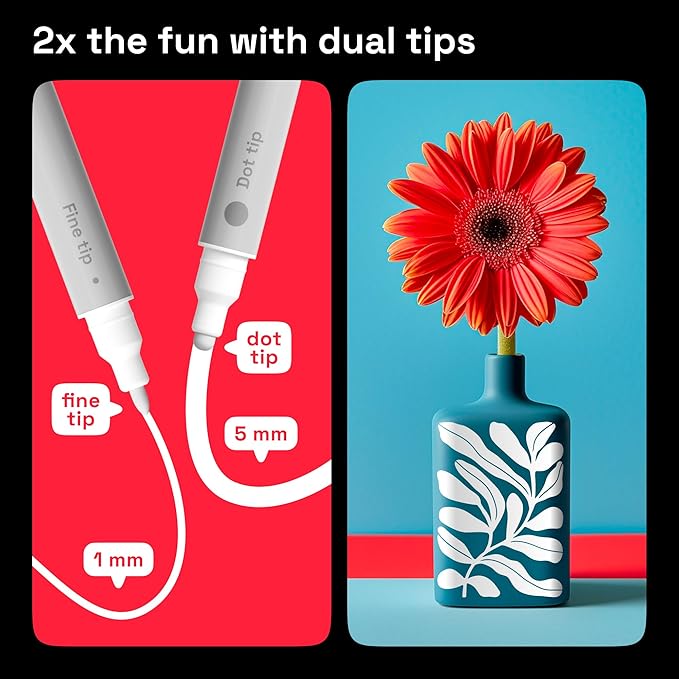 ARTISTRO 2 White Dual-Tip Acrylic Paint Pens - Multisurface Markers for Fabric, Plastic, & More, 5mm Dot + 1mm Fine Tips