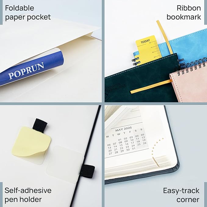 POPRUN Weekly Planner 2026 Pocket Size Calendar (4" x 6.25") 12 Months Notebook with Horizontal Layout, Leather Soft Cover, Inner Pocket, 100GSM Thick Paper, Pen Holder - Royal Blue