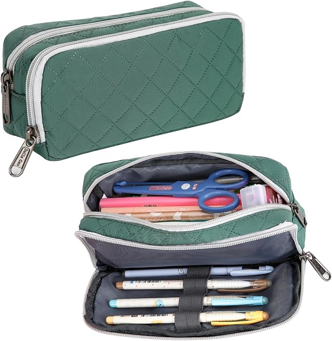 Della Gao Pencil Case Large Capacity Pencil Pouch Soft Quilted Pen Bag Office Stationery Organizer Sturdy Pencil Bag for Men Women - Dark Green