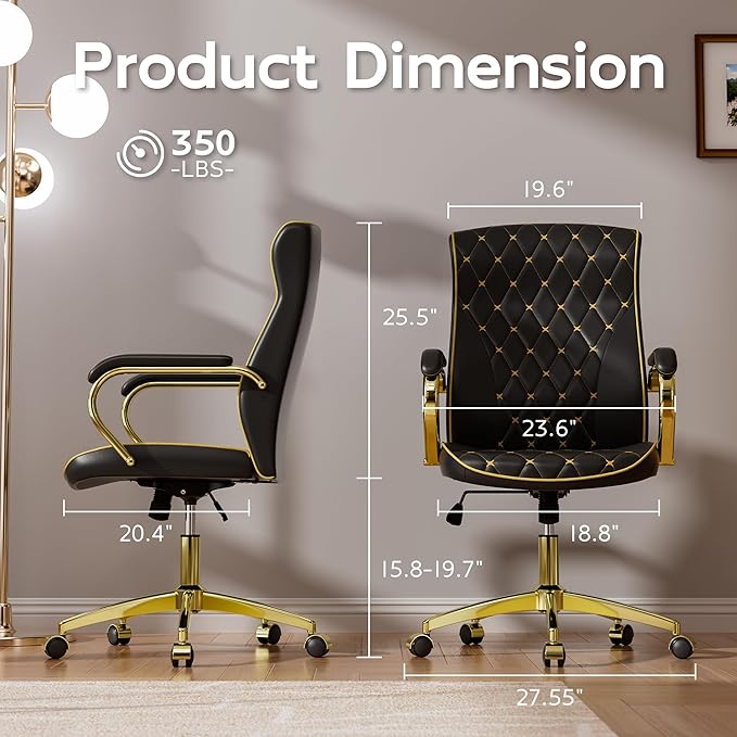 Black and Gold Office Chair with Soft Leather Embroidery, Mid Back Vintage Swivel Executive Desk Chair with Wheels and Padded Arms, Adjustable Height