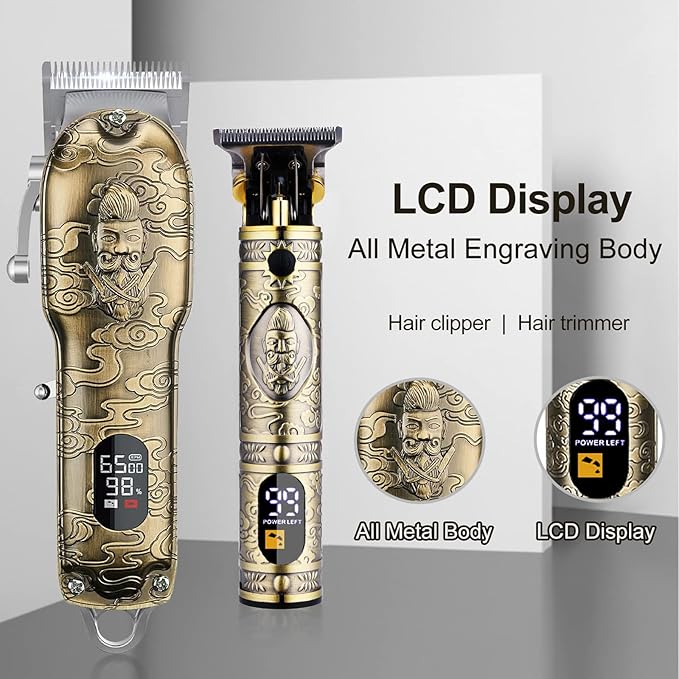 Soonsell Hair Clippers for Men T-Blade Trimmer Set,Man Professional Cordless Barber Clippers Set ，Blade Close Cutting Beard Trimmer ，LCD Display(Gold)