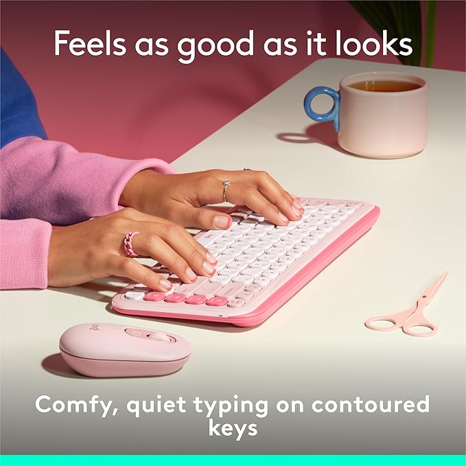 Logitech POP ICON Keys Wireless Bluetooth Keyboard, Comfortable Typing, Programmable Keys, Easy-Switch Between up to 3 Devices, for Laptop, Tablet, PC – Rose and Off-White