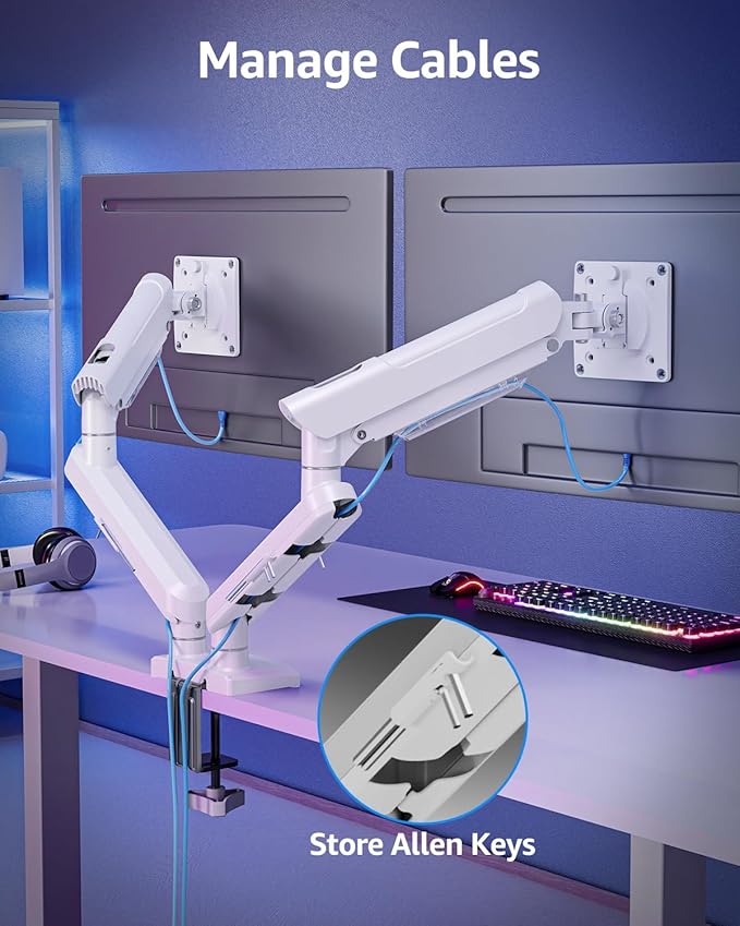 Dual Monitor Mount for 32 27 24 22inch Screens, Gas Spring Monitor Stand for 2 Monitor, Full Adjustable Monitors Desk Mount with C-Clamp＆Grommet Base, Each Arm Holds 4.4-22 lbs, Freelift Pro White