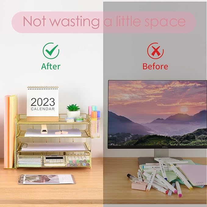 Desk Organizer and Accessories, 4-Tier Desktop File Organizer with Drawer and 2 Pen Holders, Office Desk Accessories for Office Supplies(Gold)