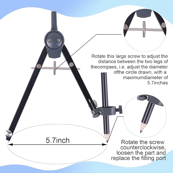 Professional Compass for Geometry Set, Metal Compass with Wheel and Lock for Geometry, Drawing Compass Tool, Circle Drafting Tool, and 6 Inch Math Protractors 180 Degree (Silver)
