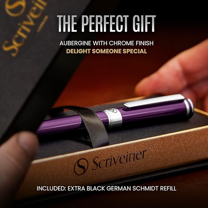 Scriveiner Aubergine Rollerball Pen - Stunning Luxury Pen With Chrome Finish, Schmidt Ink Refill, Best Roller Ball Gift Set for Men & Women, Professional, Executive Office, Nice Pens