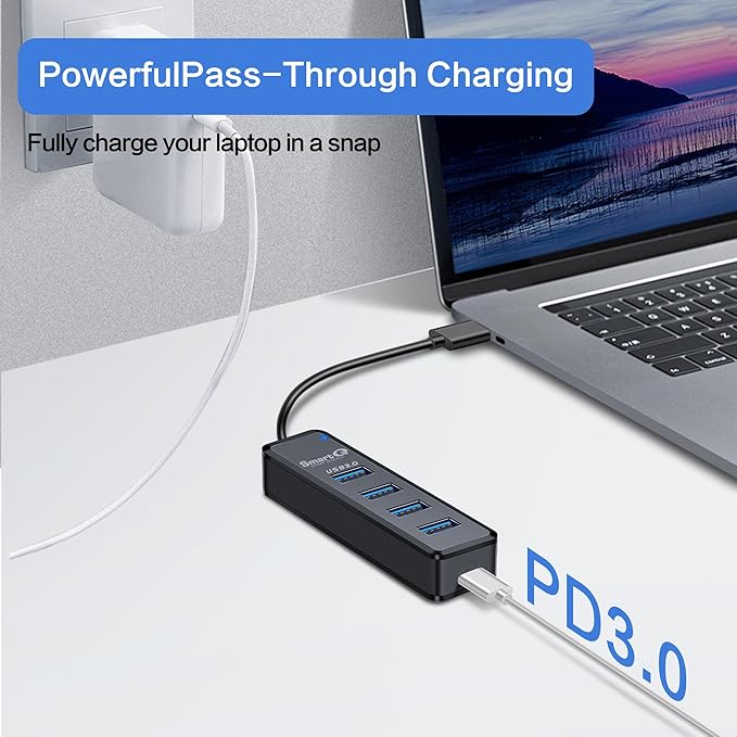 SmartQ H302 4-Port USB 3.0 Hub Long Cable 1ft 3ft with Micro-B Charging Port, Fast Data Transfer USB Hub, Compatible Windows PC, Mac, Surface Pro, Laptop, Printer (USB C - 0.5ft)