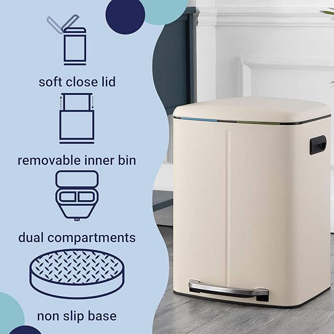 happimess HPM1005F Marco Rectangular 10.6-Gallon Double Bucket Trash Can with Soft-Close Lid, Fingerprint Resistant, Modern, Minimalistic for Home, Kitchen, Office, Bathroom, Limestone Beige