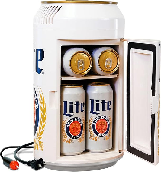 Miller Lite Mini Fridge - Refrigerator for Bedroom Office, Portable Table Top Beverage Cooler, 12V 110V Refrigerador For Drinks, Soda, Wines, Use In Car, Outdoor, Patio, 8 Can
