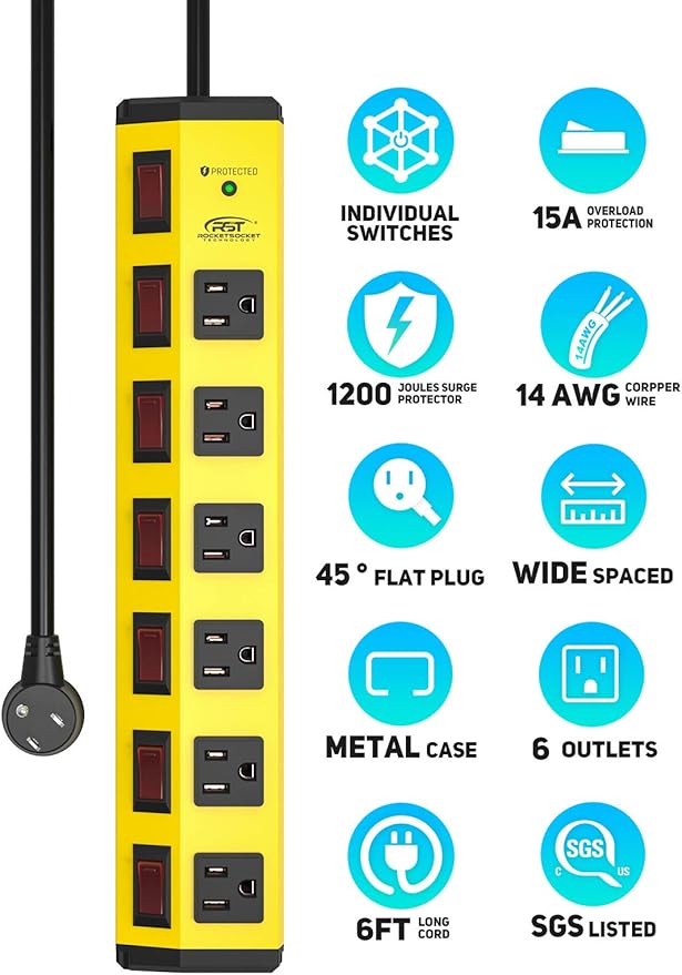 CRST 6-Outlet Heavy Duty Metal Power Strip with Individual Switches, 15AMP/1875W Surge Protector Power Strip(1200 Joules) for Home Garage Office Kitchen School, 6FT 14AWG Cord (Yellow)