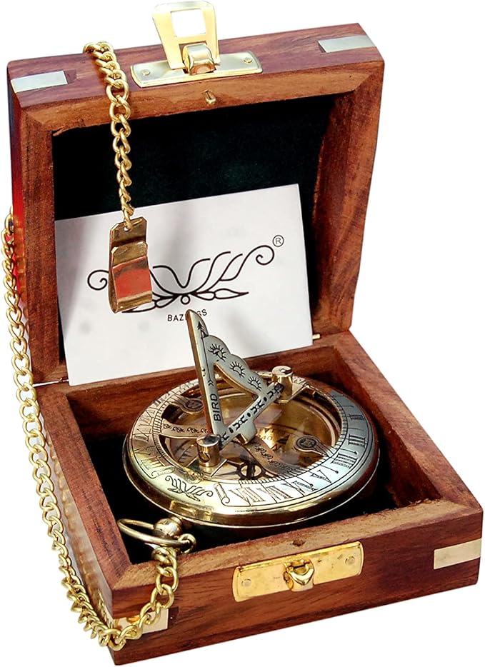 Vintage Brass Sundial Compass with Wooden Box - Antique Brass & Copper Sun Clock for Camping, Hiking, Touring - Engraved Gift for Him - Nautical Ship Replica Watch - Sundial Clock in Box