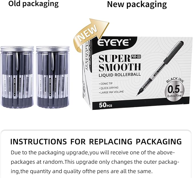 EYEYE Rollerball Pens 0.5mm Black 50 Pack, Extra Fine Point Quick Dry Liquid Ink Roller Ball Pens Fine Point Smooth Writing Pen for Journaling, Note Taking, Office, School Supplies
