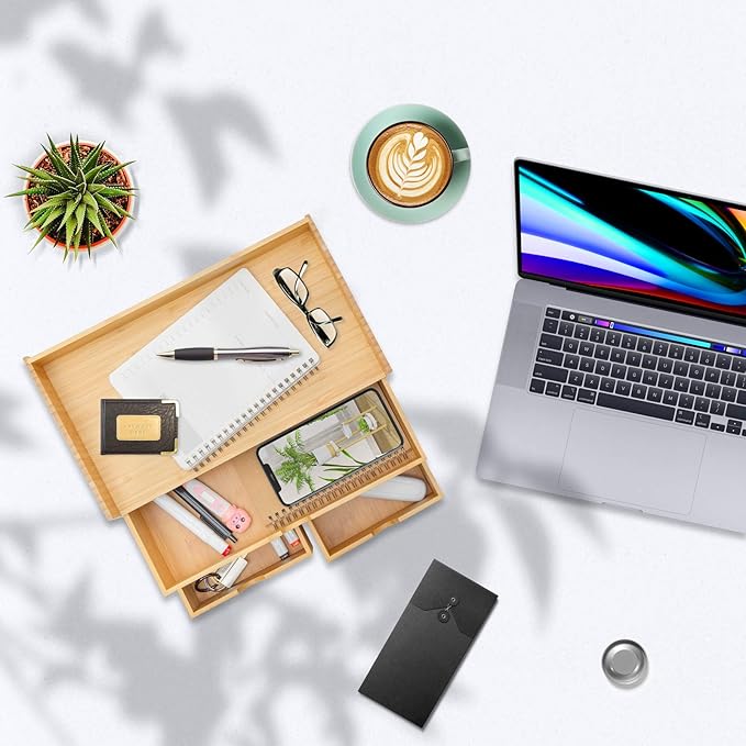 Desk Organizer with Drawers - Bamboo Desktop Organizers Storage | Wood Makeup Organizer for Bills, Office Supplies, Cosmetics, Seals, Kitchen Utensils, No Assembly Required