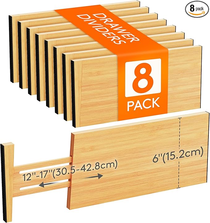 Lifewit 8 Pack Drawer Dividers Bamboo 6" High, 11-17" Adjustable Drawer Organizers for Clothes, Expandable Dresser Separators in Bedroom/Bathroom/Kitchen/Fridge/Office Organization and Storage